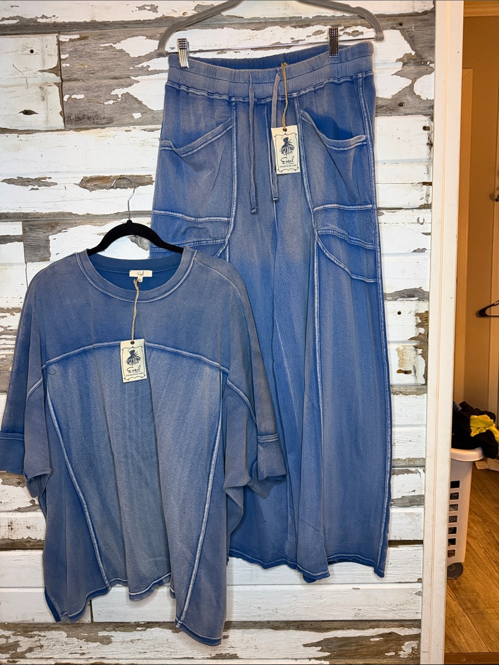 Easel Washed Indigo Wide Leg Pants and matching shirt set (24